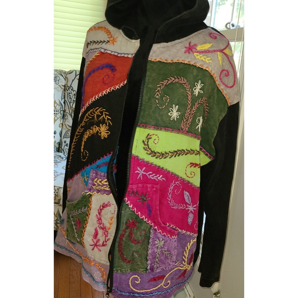 Rising Tide Hoodie Full Zip Made in Nepal Women's XL? Embroidered Patchwork